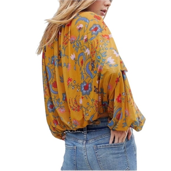 Free People Mustard Yellow Wild Flower Honey Mesh Top. Size XS/Small. - Picture 3 of 14